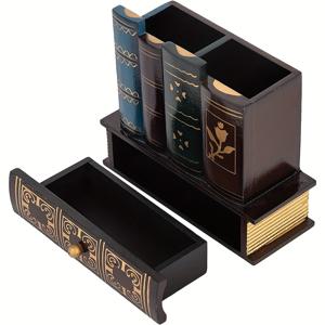 TEMU 빈티지 목재 책 펜 홀더 서랍 포함 - 홈, 사무실 또는 도서관용 레트로 데스크 정리함, 장식적인 꽃무늬가 있는 책 디자인, 펜, 연필, 마커 및 미술 용품을 위한 다중 구획, 도서 보관함 | 레트로 에스테틱 | 구획별 수납