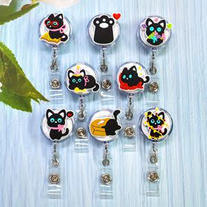 TEMU 8개 블랙 캣 뱃지 릴 + 핑크 보타이 & 꽃 모자, 고양이 발바닥 프린트 ID 홀더 - 리트랙터블 플라스틱 네임 태그 홀더 키체인 스타일 루프, 오피스, 컨벤션용 - 귀여운 고양이 액세서리 (DIY 카드 케이스)