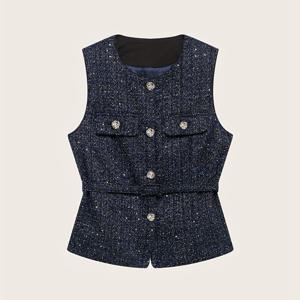 TEMU 여성용 캐주얼 벨티드 트위드 조끼 - 조절 가능한 허리밴드 & 버튼 디테일, 기계 세탁 가능, 솔리드 컬러, 올시즌 레이어링 피스, 청바지·드레스·스커트 스타일링, 라운드넥라인, 구조적 디자인