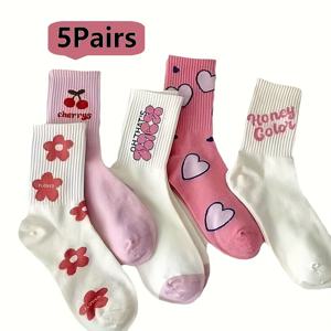 TEMU 5 쌍의 사랑 양말 여성 봄과 가을 양말 트렌디한 한국