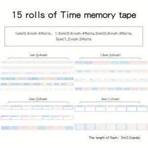 TEMU 15 롤 타임 캘린더 와시 테이프 세트 우아한 마카롱 스티커 노트 세트 4 폭 2M (2.2 야드) 길이 테마 날짜 주 월 패턴 접착 노트 할 일 목록 테이프 계획 예술 공예