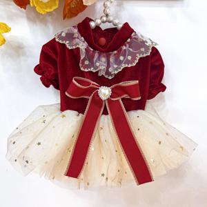 TEMU 강아지와 고양이용 봄 레드 리본 레이스 칼라 통기성 얇은 소매 메쉬 웨딩 드레스 스커트