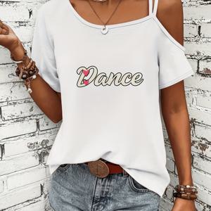 TEMU 여성용 캐주얼 '댄스' 그래픽 티 - 화이트 폴리에스테르, 반팔, 라운드 넥, 올 시즌 탑, 프릴 디테일, 반바지 동반자, 캐주얼 의상|프릴 디테일 탑|폴리에스테르 소재