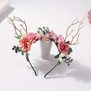 TEMU 1 스타일 폴리에스터 섬유 사슴 뿔 헤드밴드(핑크 장미 & 흰 꽃) - 크리스마스, 할로윈, 숲 테마 파티, 축제 액세서리| 헤드밴드|폴리에스터 섬유 헤드밴드