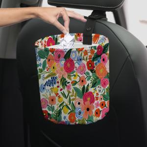 TEMU 플로럴 접이식 자동차 - 화려한 정원 파티 디자인의 재사용 가능한 차량용 쓰레기 봉투, 앞뒤 좌석에 적합한 컴팩트 보관함, 차량 및 사무실 및 가정 사용에 적합, 사무실 | 장식적인 | 직물 구조