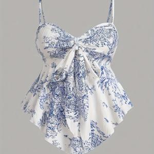 TEMU 여성용 블루 플로럴 프린트 비대칭 밑단 캐미솔 탑 - 앞면 리본 타이 & 뒷쪽 신축성, 가벼운 반투명 스파게티 스트랩 블라우스 봄 여름 가을 휴가 리조트웨어, 여름용 스파게티 스트랩 탑, 핏감 좋은 캐주얼 착용