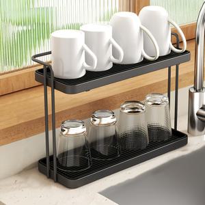 TEMU 커피와 차 컵, 머그컵 및 물주전자에 적합한 1개 2단 컵 건조대와 식기 홀더, 공간 절약형 디자인, 싱크대 보관용, 컵 건조 | 이중층 수납함 | 명확한 구조의 주방 카운터 위 설거지대|씽크대
