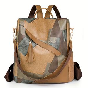 TEMU 스타일리시 패치워크 경량 방범 백팩 여성용 및 남성용 - 대용량 여행 백팩 조절 가능한 탈착식 스트랩, 다중 수납공간, 지퍼 클로저 & 내구성 있는 폴리에스터 안감, 학교, 직장, 외출용 캐주얼 커뮤터 데이백 | 슬림한 백팩 | 여행용 백팩