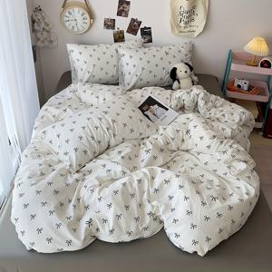 TEMU 내부 코어 및 침대 시트 없이 구성된 3피스 100% 폴리에스터 인스 블랙 보우 프린트 세트, 베개 커버 2장 + 이불 커버 1장