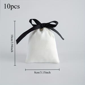 TEMU 10개 세련된 흰색 플란넬 보석 포장에 사용되는 끈으로 닫히는 블랙 리본 액센트가 있는 보석 포장, 선물 포장, 보관, 액세서리 배열에 적합, 결혼식, 생일, 파티에 이상적, 선물 포장 가방|세련된 보석 보관|직물 포장