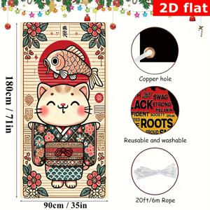 TEMU 2D 문 배너, 1개 행운의 고양이 만화 디자인 폴리에스터 문 커튼 35x71인치 - 화려한 일본 스타일의 꽃무늬, 집과 사무실 장식에 이상적, 침실, 거실, 주방, 공부 입구, 휴일 및 파티 장식에 완벽, 고양이 장식