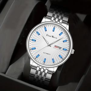 TEMU 디너워치 남성용 자동 기계식 시계 - 발광 기능, 충격 방지, 이중 달력, 스테인리스 스틸 밴드, 캐주얼 비즈니스 스타일, 블루 핸드 및 마커가 있는 디스플레이