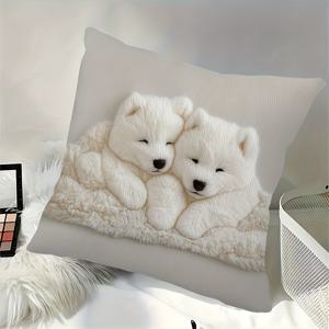 TEMU 1pc 빈티지 스타일 사모이드 개아기 디자인 던지기 베개 커버, 100% 폴리에스터 직조 직물, 기계 세탁 가능, 지퍼 잠금, 침실, 거실, 자동차용 장식 쿠션 케이스 - 여러 방 유형에 적합 (베개 삽입물 미포함), 귀여운 베개