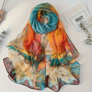 TEMU 여성을 위한 우아한 프린트 스카프 - 청색, 오렌지, 노란색 및 녹색의 생동감 있는 추상 디자인, 가벼운 폴리에스터, 해변 및 캐주얼한 외출에 완벽, 그녀를 위한 이상적인 선물, 해변 액세서리 | 스타일 | 생동감 있는 프린트, 해변 스카프