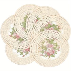 TEMU 빈티지 플로랄 레이스 플레이스매트 6개 세트 - 정교한 레이스 트림이 있는 라운드 내열 테이블 매트, 우아한 꽃무늬 디자인의 식탁 장식용 유럽 스타일 홈 데코, 러플 엣지 디테일