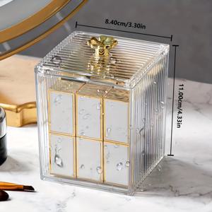 TEMU 골드 악센트가 있는 럭셔리 투명 아크릴 면봉 정리함 - 메이크업 브러쉬 및 뷰티 도구용 다중 구획 방진 보관함, 우아한 데스크 장식, 컴팩트하고 휴대 가능한 화장품 액세서리