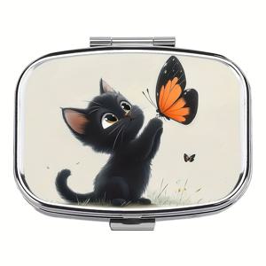 TEMU 1개 나비와 고양이 알약통, 2칸 수납형 - 휴대용 사각 알약케이스 (주머니/가방) - 이동식 영양제 보관함 - 남녀공용 - 여행 & 일상생활에 적합 - 어르신과 여행자를 위한 완벽한 선물, 귀여운 미니 주간 알약정리기, 포켓파마시 알약박스, 숨겨진 알약컨테이너, Foodsafe 소재