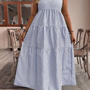 TEMU 포켓이 있는 플러스 사이즈 여성 맥시 드레스 - 민소매 러플 밑단, 캐주얼 여름 스타일, 파란색 & 흰색 수직 줄무늬, A라인 컷, 야외 모험에 완벽한 부드러운 원단 가운