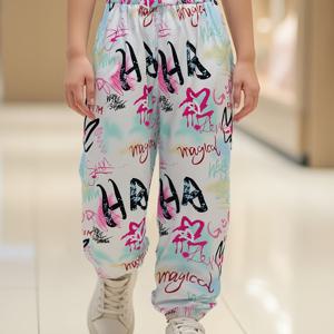 TEMU 소녀용 캐주얼 패션 레터 프린트 조거 팬츠 - 핑크 & 화이트 