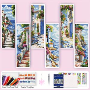 TEMU 해변 마을 테마의 6개 DIY 북마크 아트 세트가 포함된 프린트 크로스 스티치 키트 1세트. 초보자와 공예 애호가를 위한 14CT 여섯 가닥 자수 실로 제작된 북마크 프린트 크로스 스티치 키트, 장식 및 선물용 오너먼트도 포함|십자수