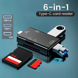 TEMU SD 및 TF 카드용 Type-C/USB 6-in-1 OTG 멀티 기능 메모리 리더, 소형 디자인, 사용하기 쉽고, 작업에 필수적, ABS 소재, 남성-여성 연결, 배터리 없음, 카메라 카드 리더 | 세련된 디자인 | 내구성 있는 구조
