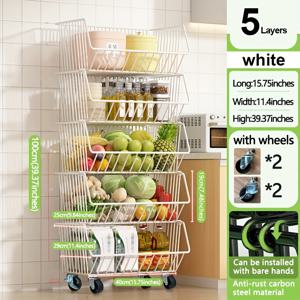 TEMU GDBY 다층 주방 수납 카트 - 5/4/3/2 레이어, 과일 및 채소용 쌓을 수 있는 금속 와이어 바구니, 팬트리, 욕실, 세탁실용 바퀴 달린 모바일 정리함|빨래바구니