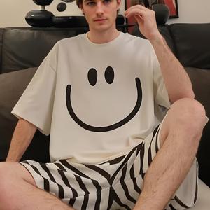 TEMU 남성 여름 파자마 세트 - 가벼운, 짧은 소매 & 반바지 라운지웨어, 신축성 있는 원단, 캐주얼 크루 넥 디자인, 집이나 외출에 적합, 편안한 라운지웨어 | 재미있는 디자인 | 폴리에스터 원단|남자반바지|남성반바지|여름잠옷