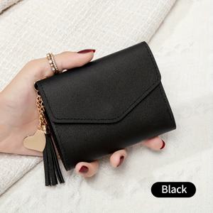 TEMU 포에버 미인 미니 여성용 지갑 - 컴팩트한 경량 트라이폴드 디자인, 스냅 클로저 및 태슬 참 장식, 다수의 카드 슬롯 포함 - 일상 필수품 정리함 (블랙), 귀여운 지갑, 카드 홀더, 태슬 액센트, 광택 마감