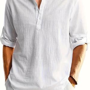 TEMU 2025 남성 캐주얼 & 라이트 비즈니스 리넨 셔츠 - 통기성 레귤러 핏 라운드넥 버튼업, 솔리드 컬러 사계절 활용 가능 오피스 & 캐주얼 웨어, 세탁기 사용 가능, 심플한 버튼업 스타일, 신축성 없는 원단