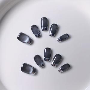 TEMU 10pcs 손으로 만든 사각형 착용 가능한 네일 팁 순백색 글리터 고양이 눈 실버 마법 거울 분사 프랑스 백색 엣지 고급 감성 간단한 스타일 네일 팁|네일팁