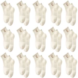 TEMU 15 쌍 여성용 화이트 미드칼 양말 - 통기성이 좋은 폴리아미드 및 폴리에스터 블렌드, 봄과 가을용 노스림 양말, 여름 학생용 양말 'C' 자수, 손세탁 가능, 운동용 양말 | 양말 | 니트 텍스처, 땀 방지