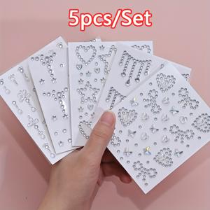 TEMU 5pcs , 별, 보우넥, баб추 모양의 얼굴 스티커 3D 오로라 글리터 보석 얼굴 및 눈 스티커 DIY 메이크업 파티 장식