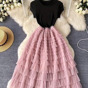 TEMU 여성용 우아한 컬러 블록 케이크 스커트 원피스 & 반팔 상의 - A라인 롱 포멀 파티 드레스, 라운드넥 여름 웨딩 게스트 가운, 소프트 핑크 & 블랙 컬러 블록, 통기성 좋은 원단으로 특별한 날에 적합