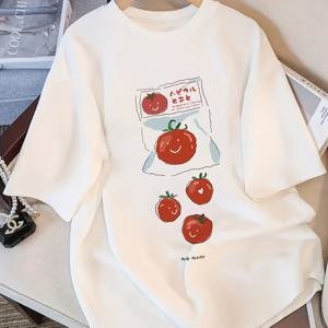 TEMU 여성용 화이트 캐주얼 반팔 티셔츠 - 플레이풀 토마토 & 일본어 텍스트 그래픽 프린트, 라운드 넥 봄 여름용 루즈핏 탑, 여성용 캐주얼 의류, 계절별 필수 아이템, 통기성 원단, 다재다능한 옷감, 가벼운 소재, 패션 애호가를 위한 상의