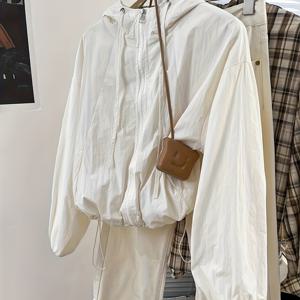 TEMU 여성용 화이트 후드 재킷 - 캐주얼 레트로 스타일, 지퍼 프론트, 긴 소매, 조절 가능한 후드, 가벼운 여름 아우터웨어, 야외, 캐주얼 웨어 재킷 | 후드 재킷 | 지퍼 재킷