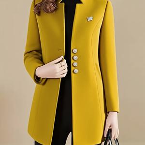 TEMU 여성 우아한 중간 길이 트위드 재킷 - 밝은 노란색, 긴 소매, 버튼업, 가슴 포켓, 가을/겨울용 일반 핏, 캐주얼 또는 정장 의상에 적합, 긴 소매