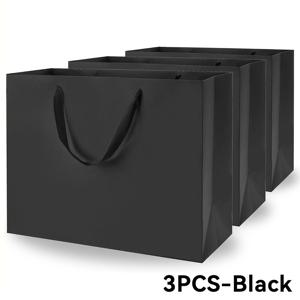 TEMU 3pcs 추가 대형 블랙 선물 가방 핸들 - 비즈니스, 파티, 생일, 결혼식, 소매, 크리스마스용 내구성 있는 종이 쇼핑 가방 - 접이식 디자인, 15.7x11x4.7 인치, 파티 선물 가방 | 우아한 선물 가방 | 튼튼한 핸들