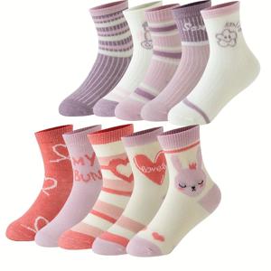 TEMU 10켤레 여아용 하트 토끼 만화 귀여운 미드-카프 양말 신상, 사계절 착용 가능, 여아용 귀여운 양말, 여아용 양말, 양말