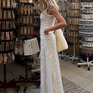 TEMU 여성을 위한 우아한 로우라이스 레이스 맥시 스커트 - 세련된 꽃무늬, 하이웨이스트, 플로우리 베이지 색상의 여름 스커트, 캐주얼 또는 휴가용으로 완벽한 스커트, 휴가 스커트 | 꽃무늬 스커트 | 레이스 디테일링