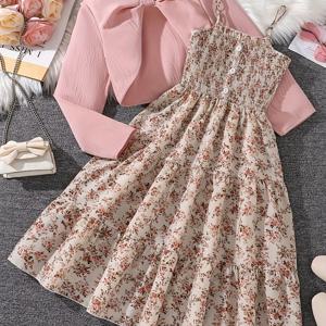 TEMU 2개 세트 '플로럴 프린트 드레스 & 재킷 - 이지한 에이라인 맥시 원피스와 퍼프 슬리브 자켓, 소프트 핑크&화이트 파스텔 컬러, 봄/가을 캐주얼룩 (부활절, 정원 파티용), 청년의 포멀하고 반공식적인 수트(손세탁 가능)