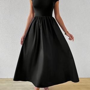 TEMU 여성용 우아한 블랙 A라인 드레스 - 플레어드 밑단, 세탁기 사용 가능, 사무실/파티/웨딩 의상, 연중 필수 아이템, 부드러운 소재, 편안한 핏