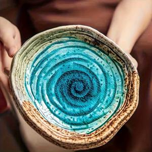 TEMU 업그레이드된 불규칙한 세라믹 샐러드 볼 - 블루와 골든 마블 패턴 스피럴 디자인, 고품질의 내구성 있는 레스토랑 등급 식기, 애플리케이션, 파스타, 디저트에 적합 - 축제용 식탁 장식, 예술적인 홈웨어, 럭셔리 느낌