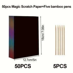 TEMU 50개 매직 스크래치 종이 + 5개의 대나무 펜, 무지개 아트 스크래치 페인팅 키트 (목재 막대기 포함) - 완벽한 생일 파티 또는 휴일 선물