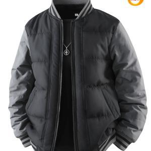 TEMU 남성용 두꺼운 패딩 재킷 - 캐주얼 보머 스타일, 스탠드 칼라 & 사이드 포켓, 가을 겨울용 따뜻한 아우터웨어, 구조적 코트 디자인, 내구성 있는 원단