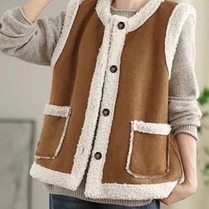 TEMU 플러스 사이즈 - 여성용 플러스 사이즈 겨울 조끼 코트 - 민소매, 단추업, 플리스 안감, 갈색과 흰색 트림, 가을/겨울 캐주얼 스타일, 겨울 조끼