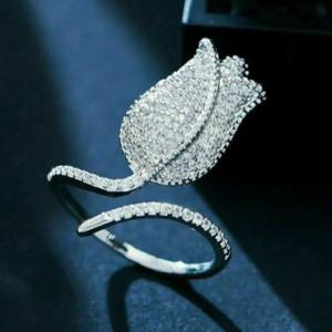 TEMU RYYM 조절 가능한 오픈 로즈 플라워 링 - 화려한 합성 지르코니아 스톤, 우아한 럭셔리 여성 주얼리, 발렌타인데이 선물, 4월 탄생석, 화이트 골드 도금 데일리 & 파티용