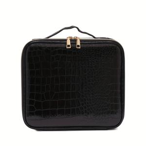 TEMU 블랙 & 화이트 크로커다일 텍스처 휴대용 메이크업 케이스, 골드톤 지퍼, 다중 구획 여행용 정리함 - 내구성 있는 컴팩트 뷰티 박스, 메이크업 브러쉬, 립스틱, 아이섀도우 보관용 (프로페셔널 &