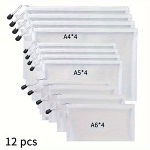 TEMU 12개입 A6/A5/A4 사이즈 대용량 오피스 메쉬 지퍼 파우치, 사무실 문서 가방 세트 - 메쉬 디자인 투명 폴더, 연필 케이스, 퍼즐 보관 가방, 지퍼 브리프케이스, 휴대용 여행 정리함, 졸업 시즌 선물