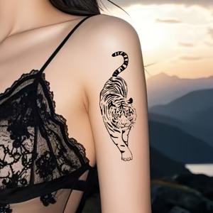 TEMU 리얼리스틱 호랑이 팔 타투 - 방수 블랙 & 화이트 디자인, 파티 및 이벤트용 임시 또는 영구 바디 주얼리, 간편 적용 타투 패치, 대담한 야생동물 장식, 자연에서 영감받은 디자인