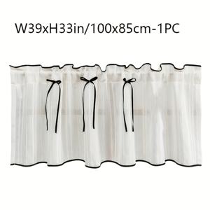 TEMU 1개 일본 한국식 클래식 심플 자수 블랙 리본 테두리 줄무늬 짧은 디자인 빈티지 팜하우스 쉬어 툴 커튼 탑 로드 포켓 고퀄리티 세탁 가능 거실 침실 현관 창문 드레이프